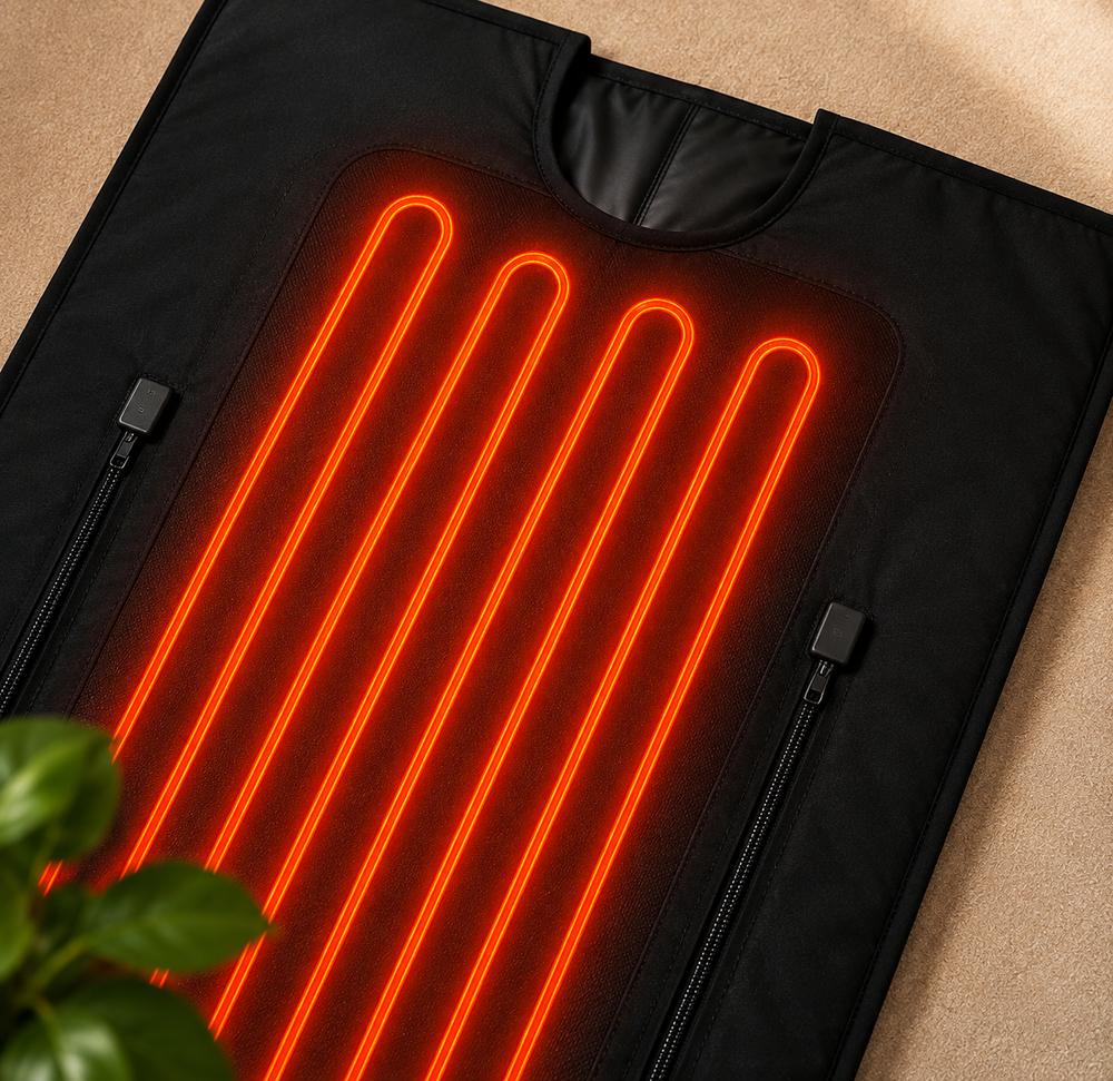 Black heated blanket with glowing orange heating elements, shown flat on a beige surface with a small green plant leaf in the corner.